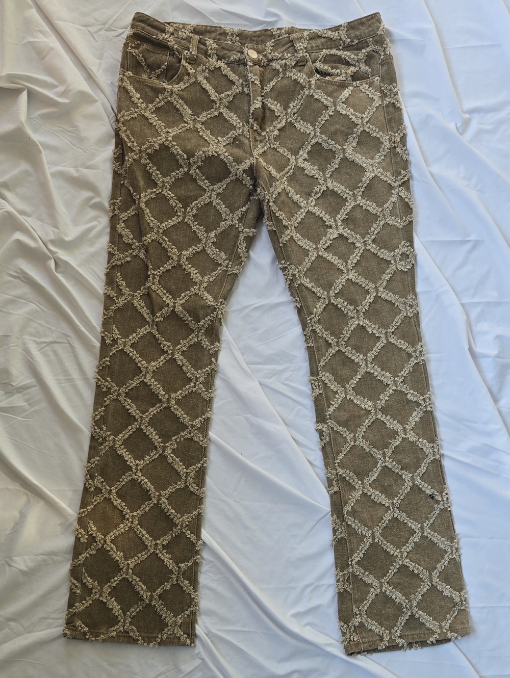 Men's Very Cool Olive Jeans Interesting All Over Pattern Front/Back All Cotton